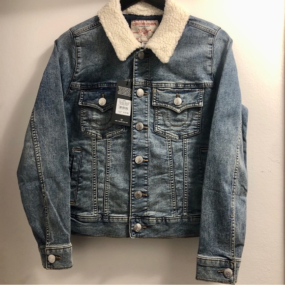True Religion Sherpa Collar Trucker Denim Jacket Sz.L - Picture 3 of 13